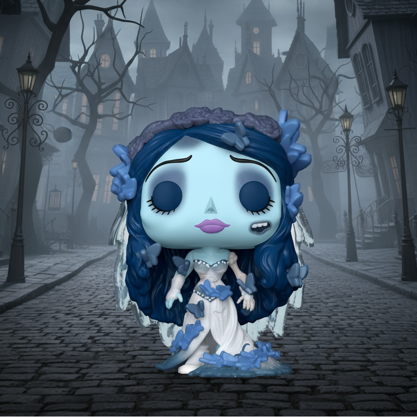 Cartoon character with blue hair and dress in a spooky town setting