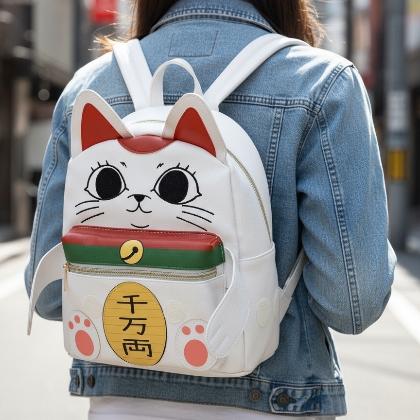 Person wearing a denim jacket with a cat-themed backpack on a city street.