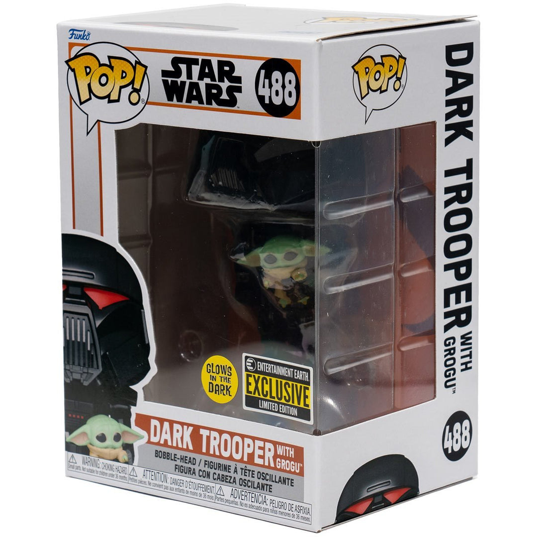 Funko Pop! Star Wars: The Mandalorian Dark Trooper with Grogu Glow - in - the - Dark Entertainment Earth Exclusive Vinyl Figure - Fundom