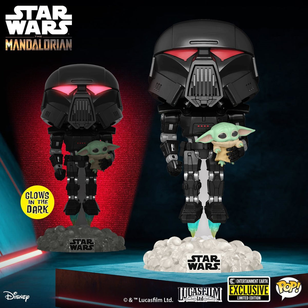 Funko Pop! Star Wars: The Mandalorian Dark Trooper with Grogu Glow - in - the - Dark Entertainment Earth Exclusive Vinyl Figure - Fundom