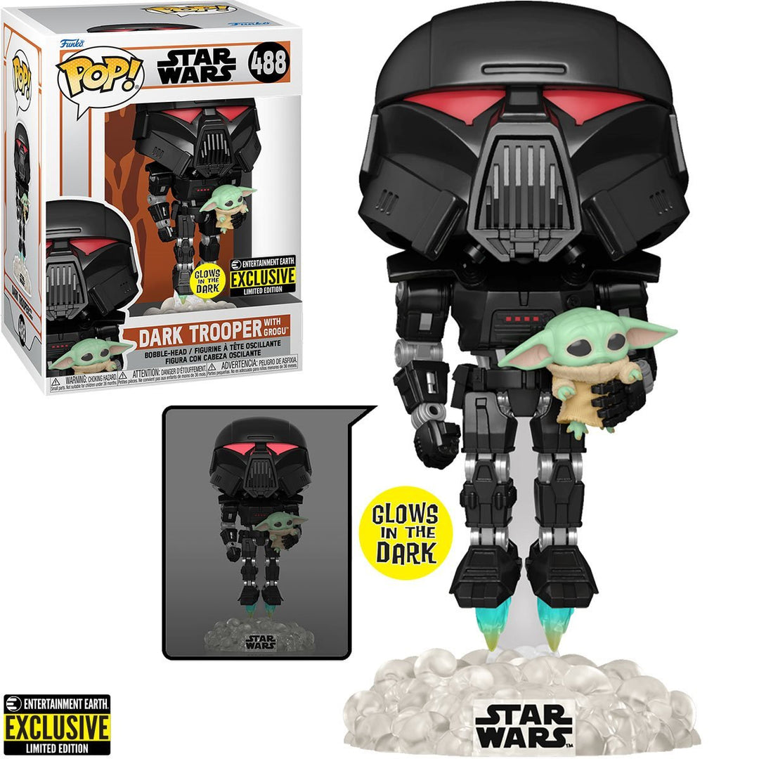 Funko Pop! Star Wars: The Mandalorian Dark Trooper with Grogu Glow - in - the - Dark Entertainment Earth Exclusive Vinyl Figure - Fundom