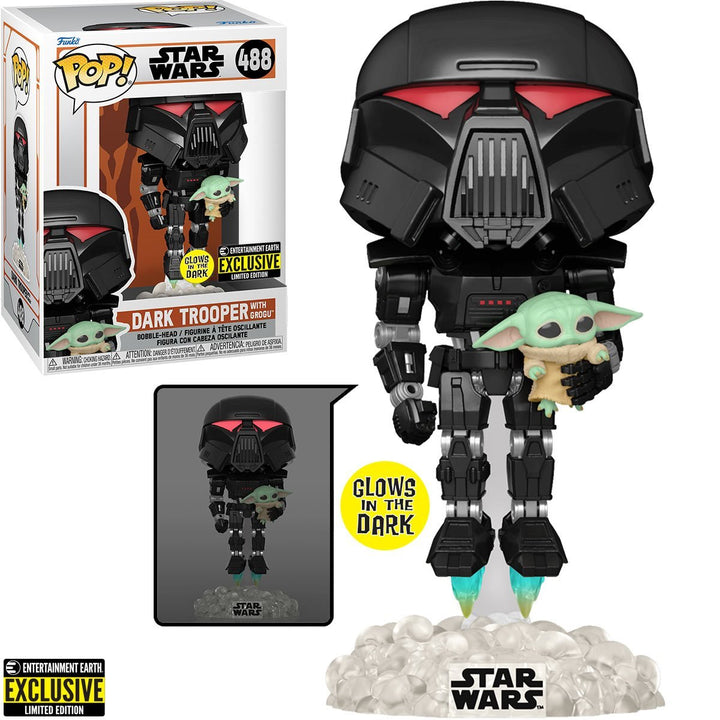 Funko Pop! Star Wars: The Mandalorian Dark Trooper with Grogu Glow - in - the - Dark Entertainment Earth Exclusive Vinyl Figure - Fundom