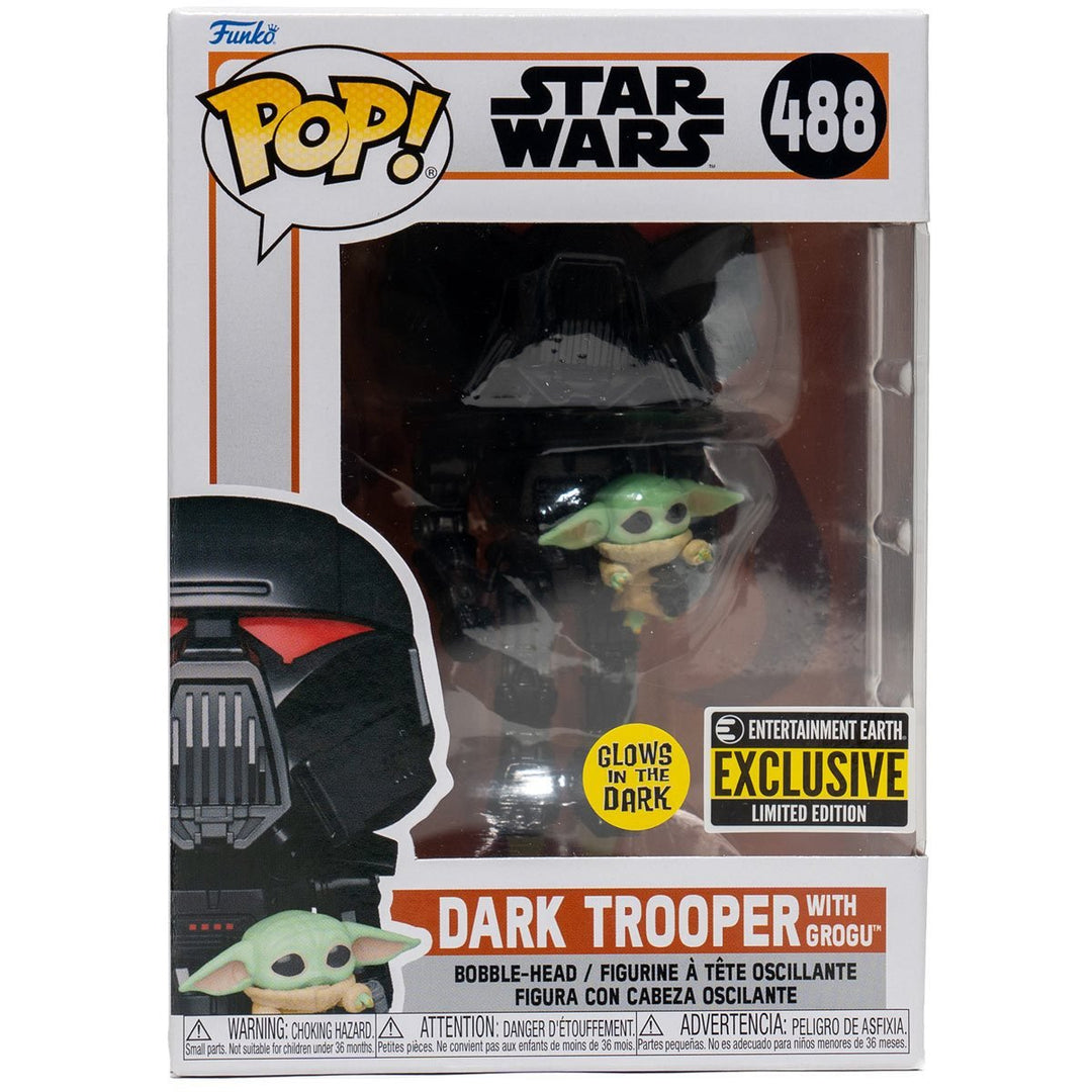 Funko Pop! Star Wars: The Mandalorian Dark Trooper with Grogu Glow - in - the - Dark Entertainment Earth Exclusive Vinyl Figure - Fundom