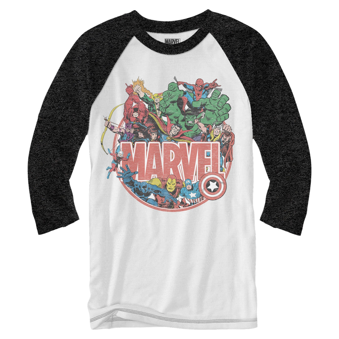 Marvel Retro Group Collage Adult Raglan Shirt - Fundom