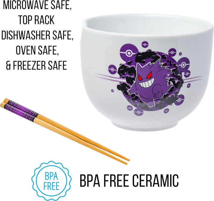 Pokemon Gengar Pokeball Ceramic Ramen Noodle Rice Bowl with Chopsticks Microwave Safe 20 Ounces - Fundom