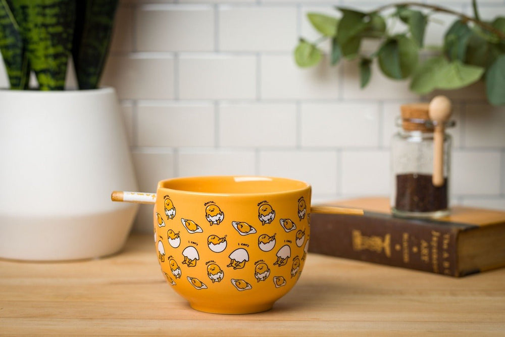 Sanrio Gudetama I Can't Lazy Yellow Egg Ceramic Ramen Noodle Rice Bowl with Chopsticks Microwave Safe 20 Ounces - Fundom