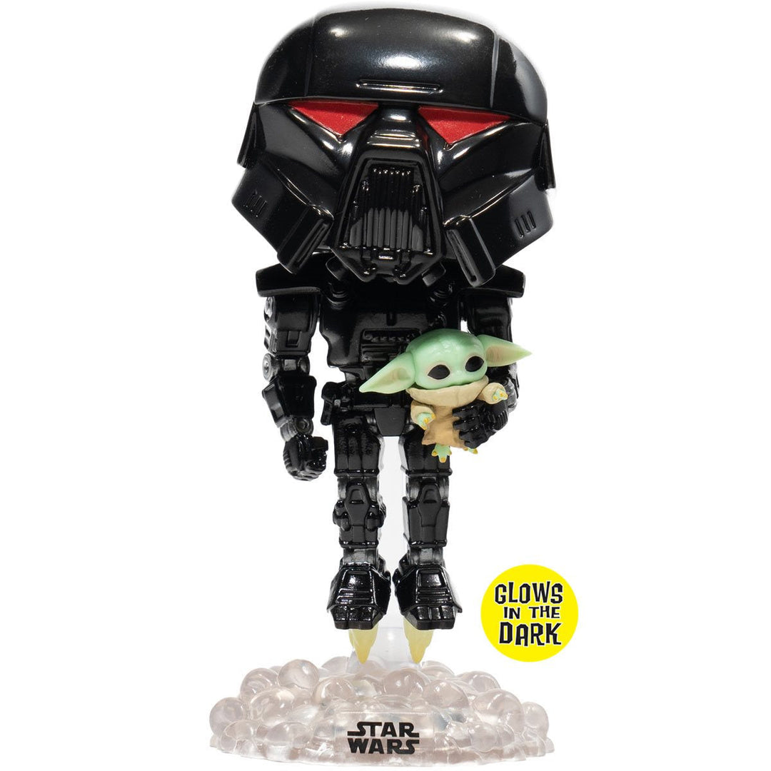 Funko Pop! Star Wars: The Mandalorian Dark Trooper with Grogu Glow-in-the-Dark Entertainment Earth Exclusive Vinyl Figure