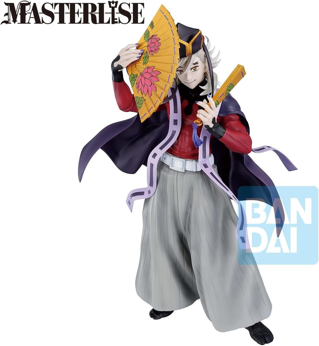 Demon Slayer Doma Masterlise Ichibansho figure, full-length view with gold fans and Bandai branding