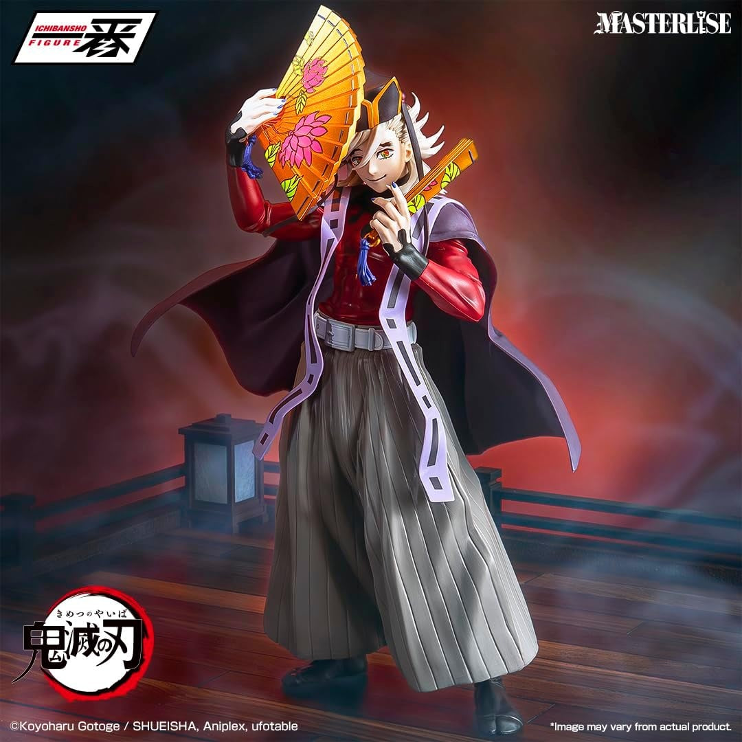Doma Upper Two Masterlise Ichibansho figure from Demon Slayer, posed with gold fans against a red backdrop
