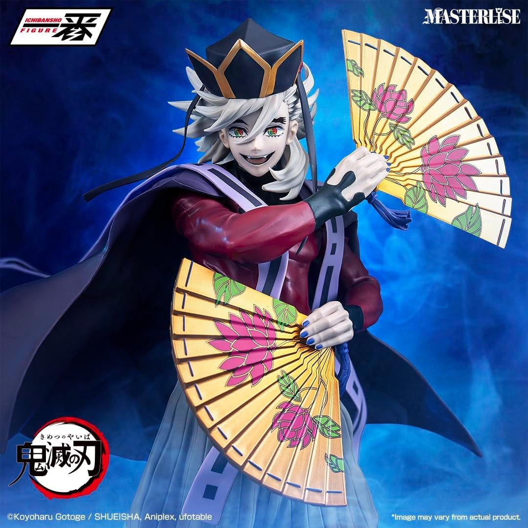 Demon Slayer Doma Masterlise Ichibansho figure close-up with two open gold fans and a smiling expression
