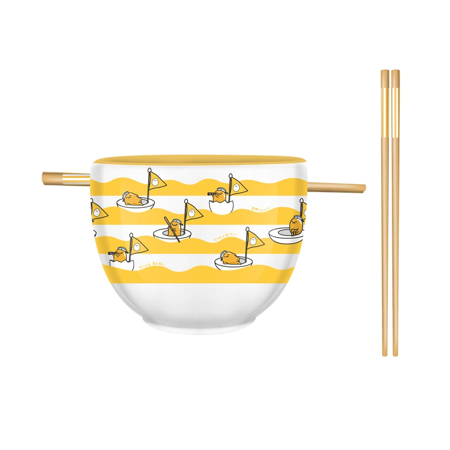 Sanrio Hello Kitty and Friends Gudetama Sail Boat Waves Ceramic Ramen Noodle Rice Bowl with Chopsticks Microwave Safe 20 Ounces