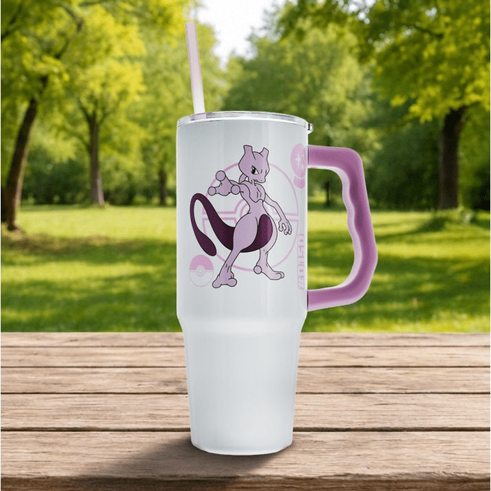 Silver Buffalo - Pokemon - Mewtwo - 30 oz Stainless Steel Tumbler with Handle & Straw - Fundom