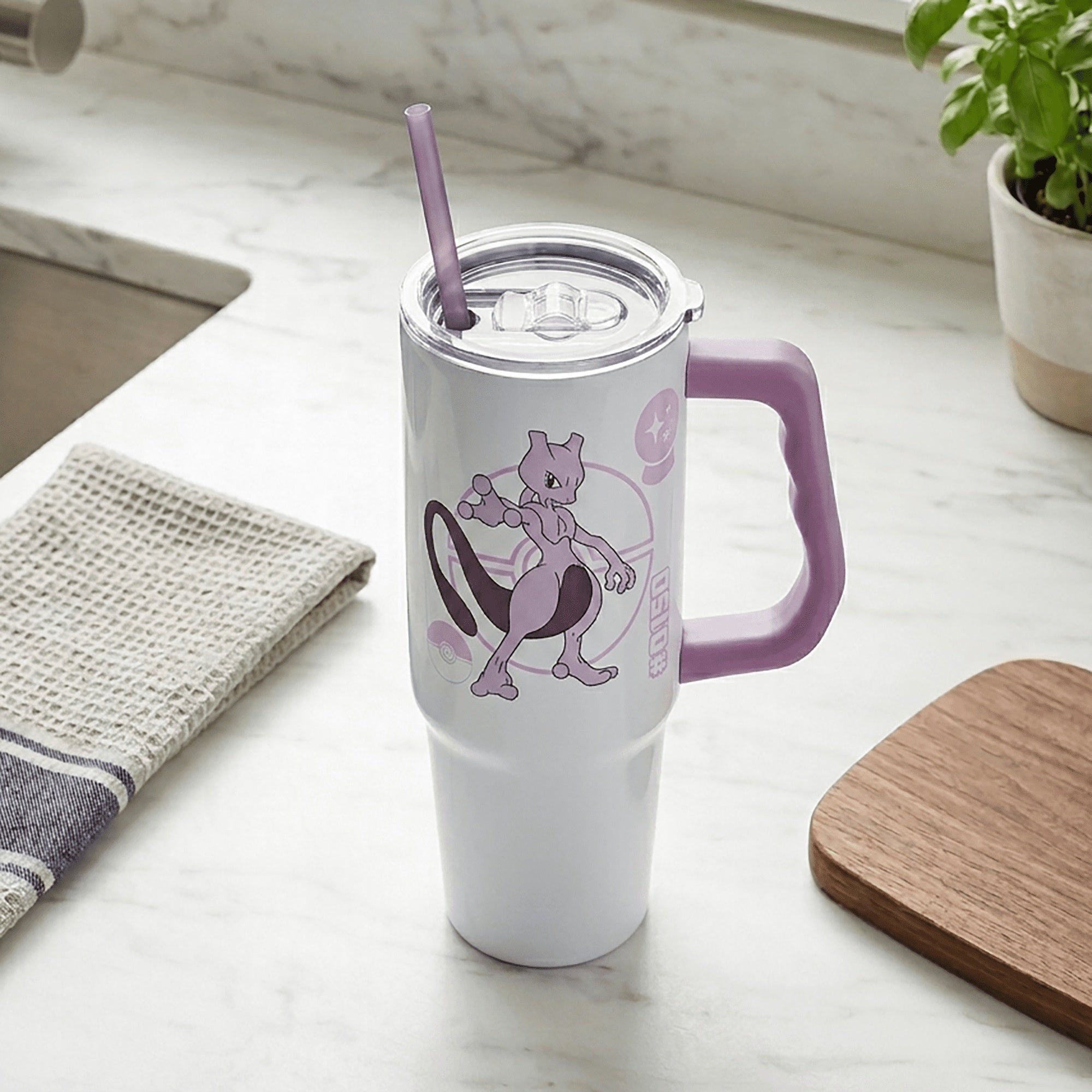 Silver Buffalo - Pokemon - Mewtwo - 30 oz Stainless Steel Tumbler with Handle & Straw - Fundom