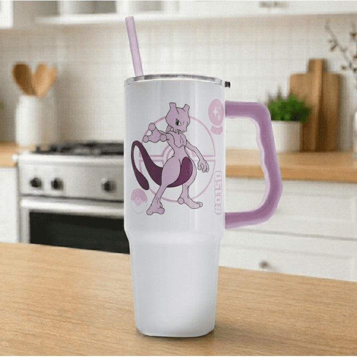 Silver Buffalo - Pokemon - Mewtwo - 30 oz Stainless Steel Tumbler with Handle & Straw - Fundom