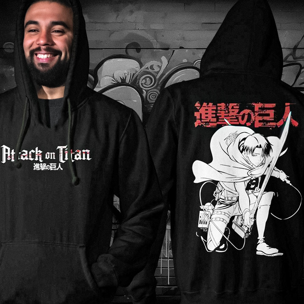Attack on Titan - Levi Ackerman Crouching Adult Pullover Hoodie - Black - Officially Licensed - Fundom