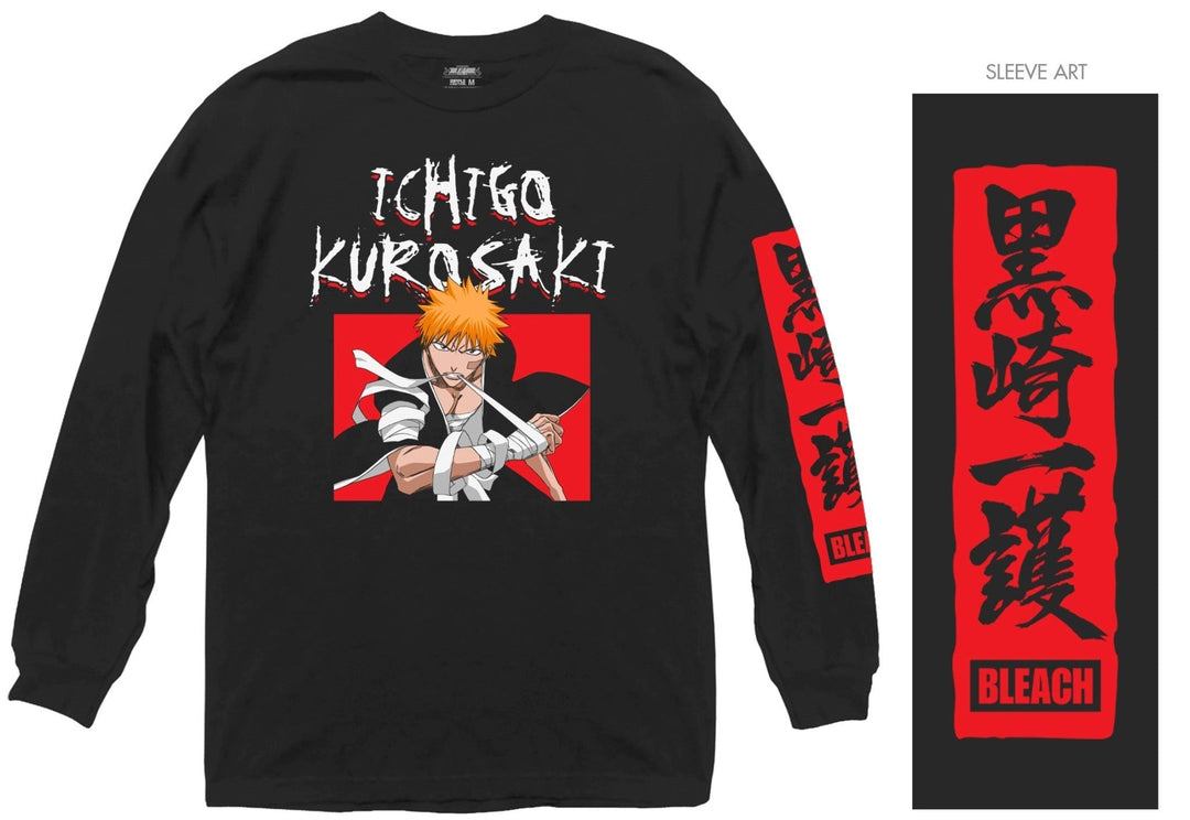 Bleach Ichigo Kurosaki Kanji Sleeves Officially Licensed Adult Long Sleeve T-Shirt - Fundom