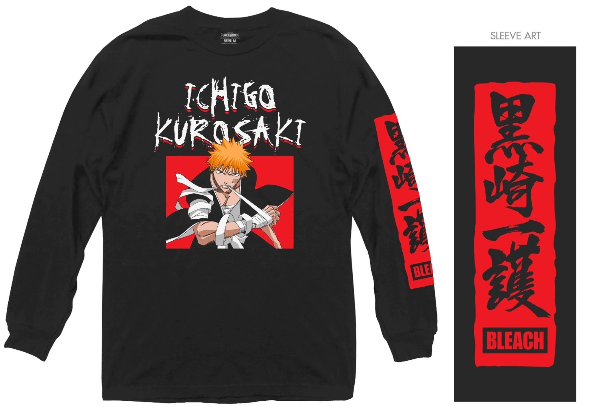 Bleach Ichigo Kurosaki Kanji Sleeves Officially Licensed Adult Long Sleeve T-Shirt - Fundom