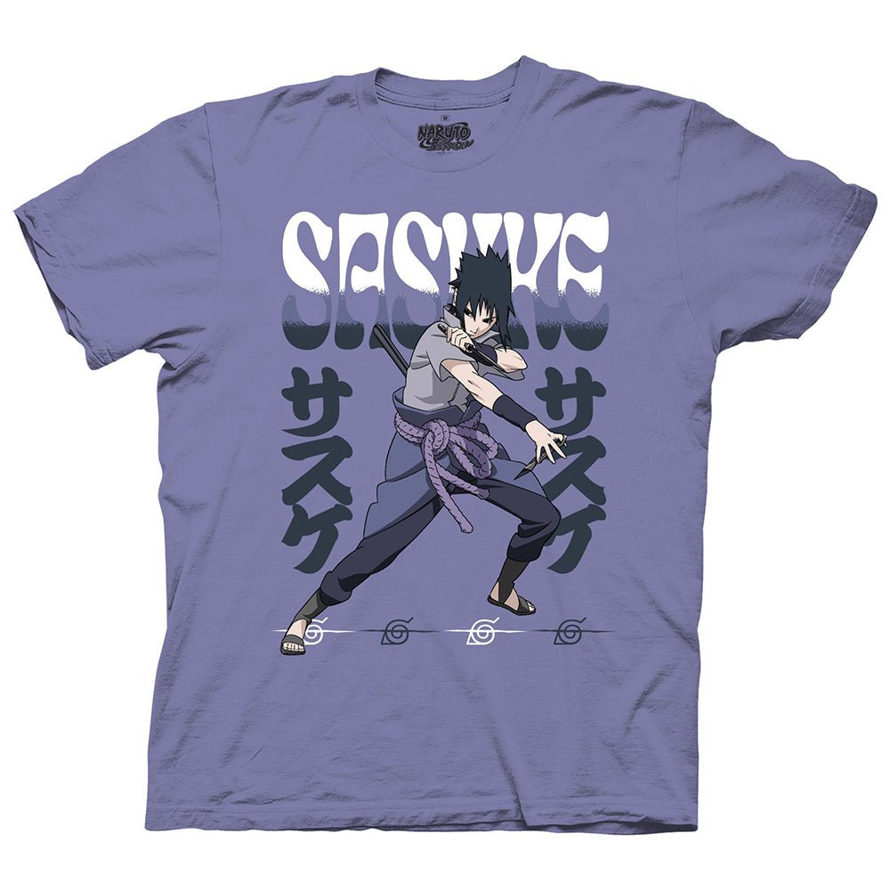 Naruto Shippuden Fighting Stance Sasuke With Name Adult T-Shirt - Fundom