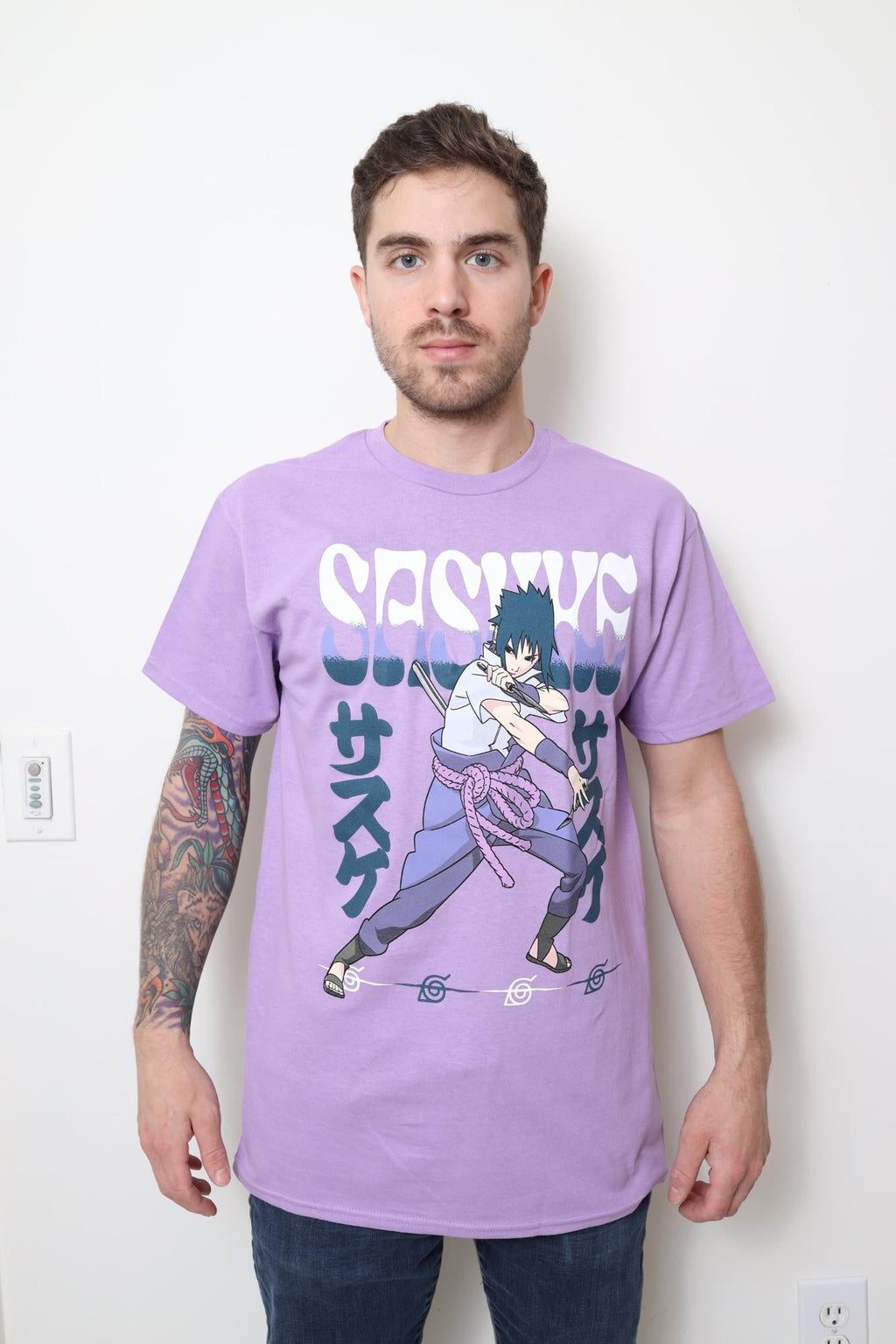 Naruto Shippuden Fighting Stance Sasuke With Name Adult T-Shirt - Fundom