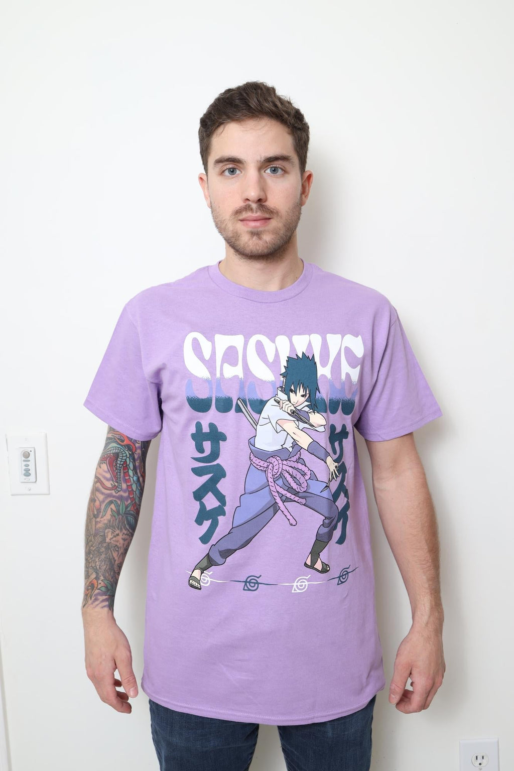 Naruto Shippuden Fighting Stance Sasuke With Name Adult T-Shirt - Fundom