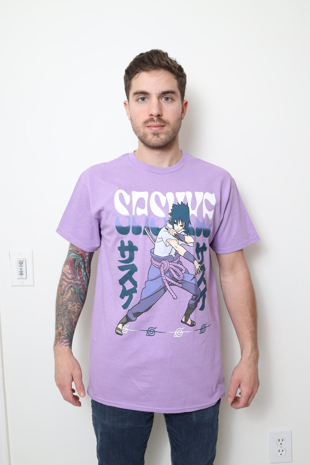 Naruto Shippuden Fighting Stance Sasuke With Name Adult T-Shirt - Fundom