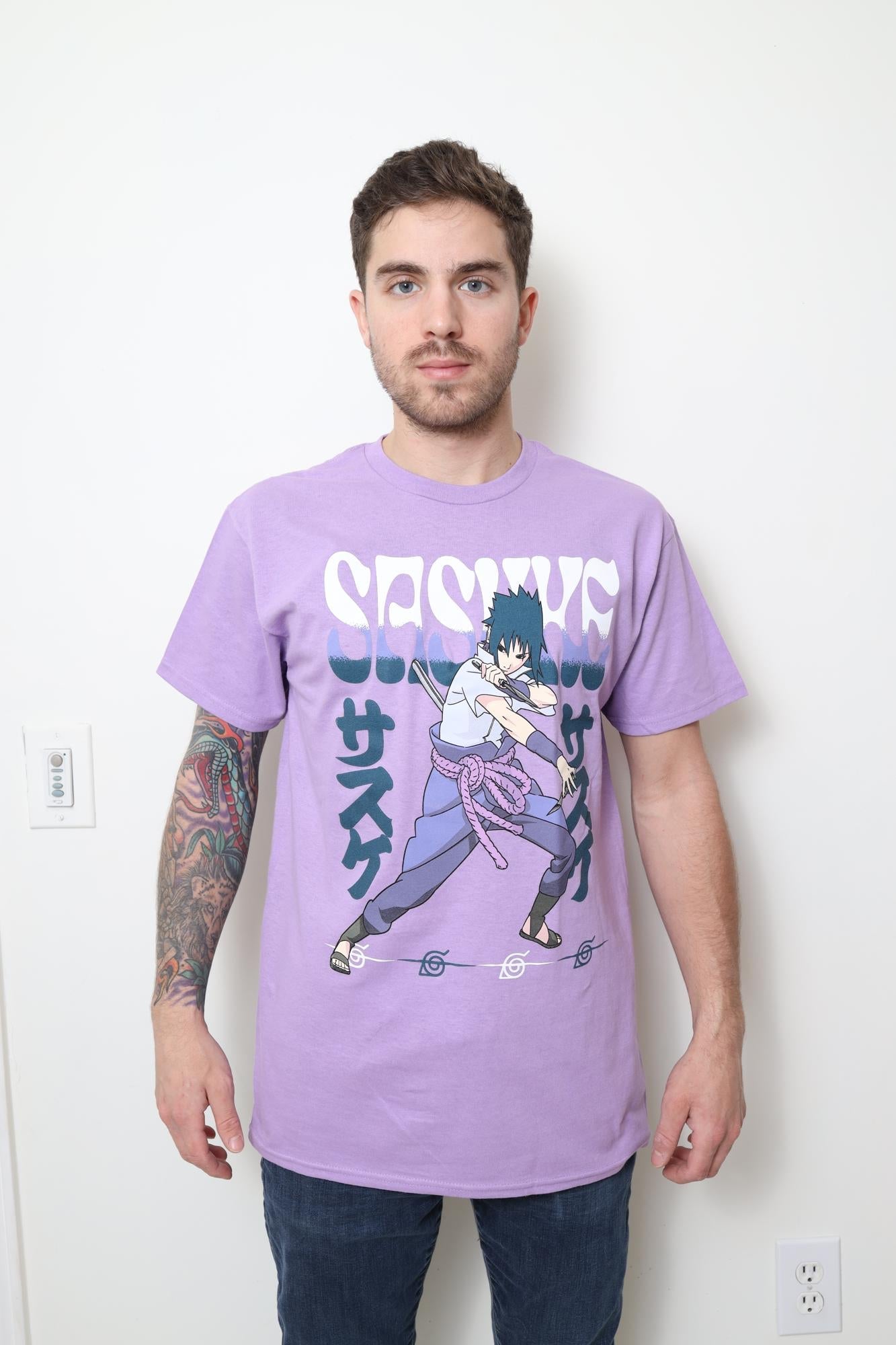 Naruto Shippuden Fighting Stance Sasuke With Name Adult T-Shirt - Fundom