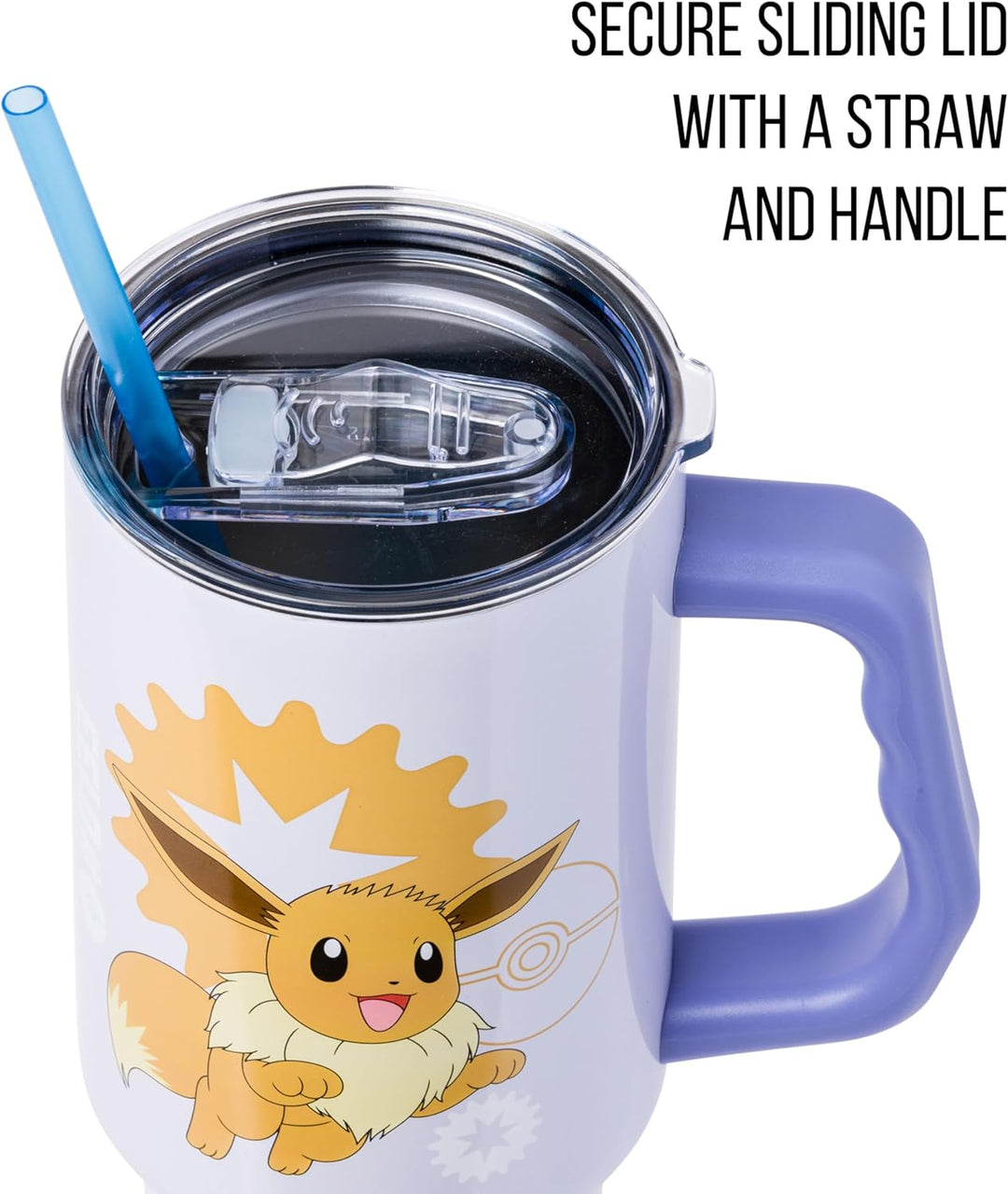 Pokemon Eevee Stainless Steel Tumbler with Handle Fits in Standard Cup Holder 40 Ounces - Fundom