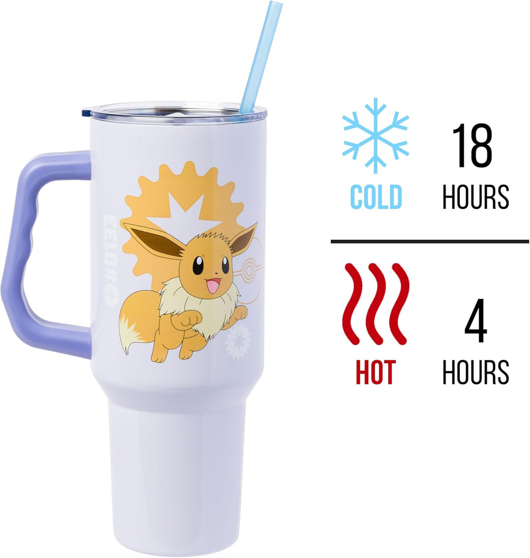 Pokemon Eevee Stainless Steel Tumbler with Handle Fits in Standard Cup Holder 40 Ounces - Fundom