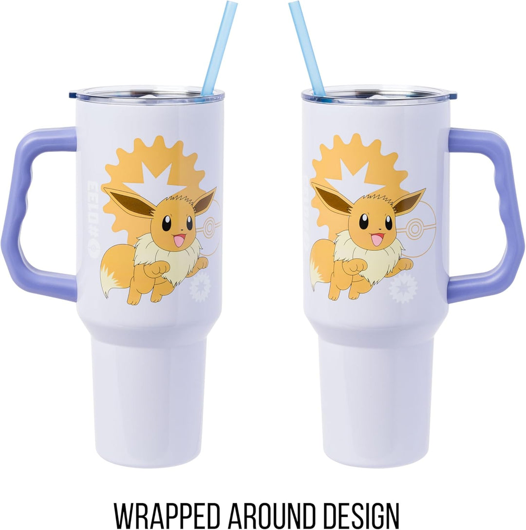 Pokemon Eevee Stainless Steel Tumbler with Handle Fits in Standard Cup Holder 40 Ounces - Fundom