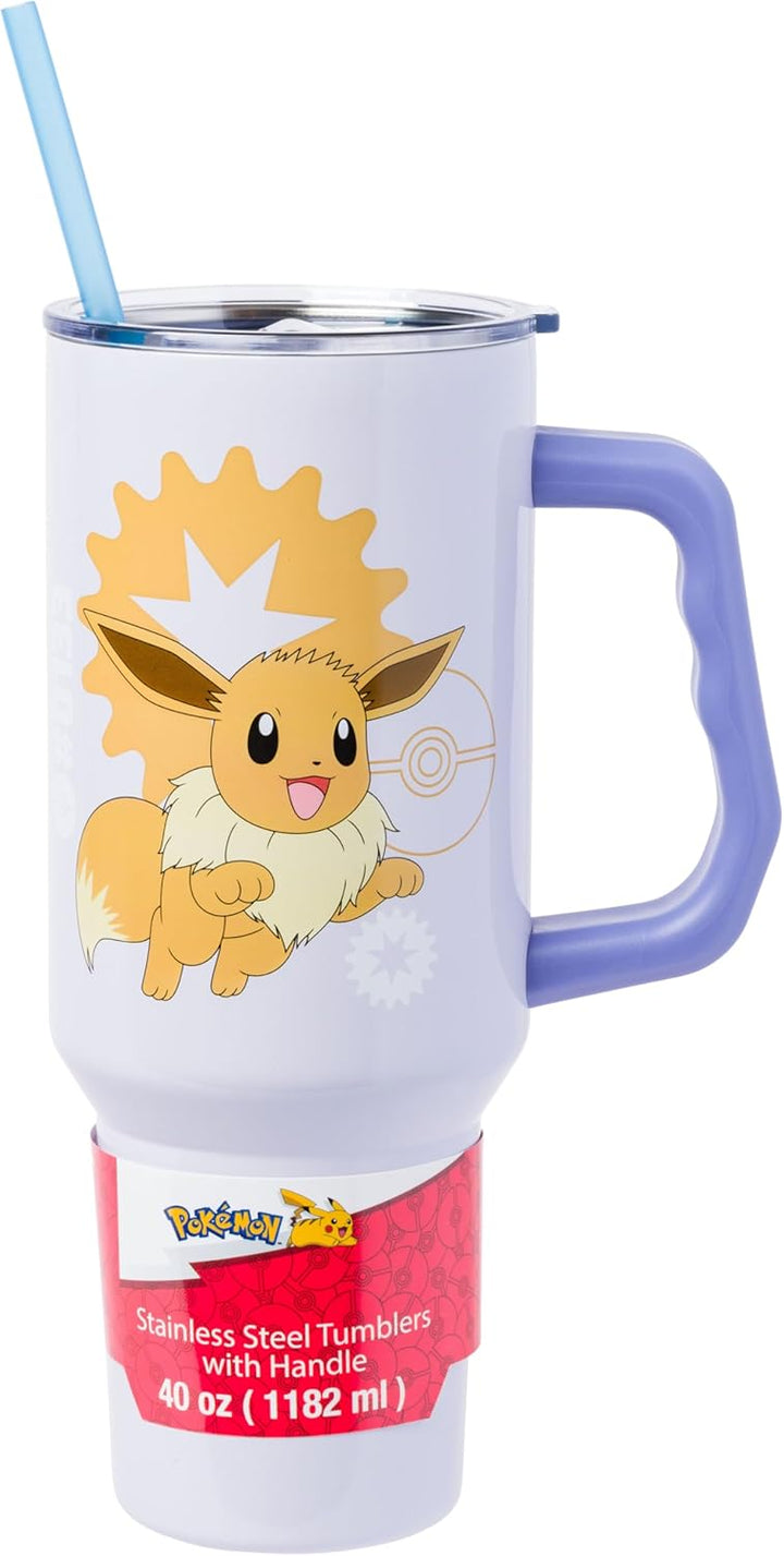 Pokemon Eevee Stainless Steel Tumbler with Handle Fits in Standard Cup Holder 40 Ounces - Fundom