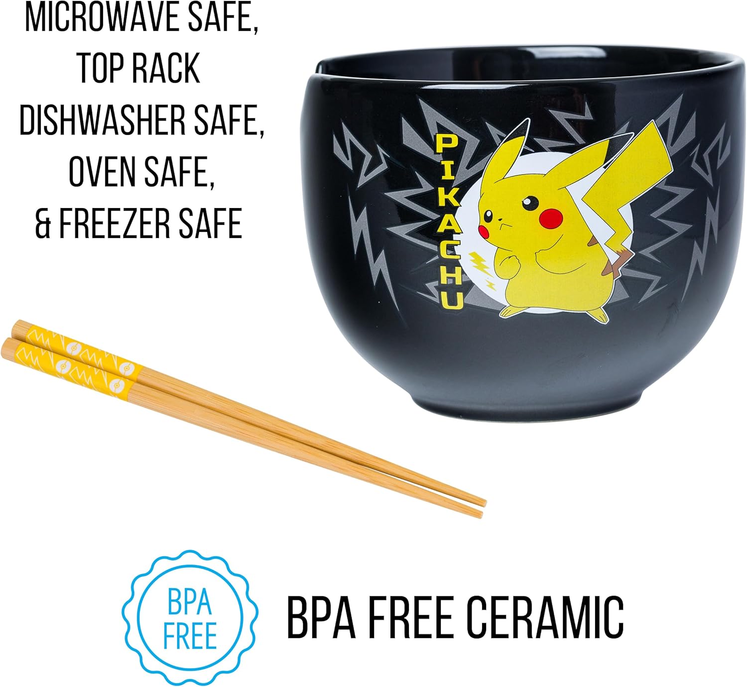 Pokemon Pikachu Black Ceramic Ramen Noodle Rice Bowl with Chopsticks 20 Ounces - Fundom