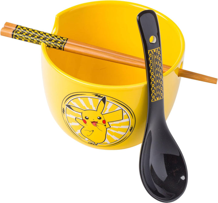 Pokemon Pikachu Electric Ceramic Ramen Noodle Rice Bowl with Chopsticks and Spoon Microwave Safe 20 Ounces - Fundom