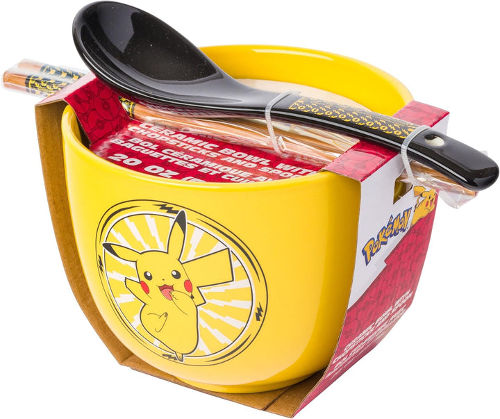 Pokemon Pikachu Electric Ceramic Ramen Noodle Rice Bowl with Chopsticks and Spoon Microwave Safe 20 Ounces - Fundom