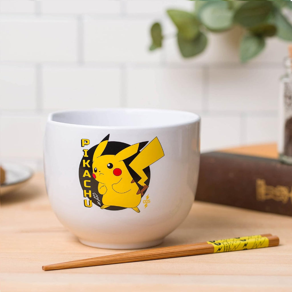 Pokemon Pikachu Japanese Text Ceramic Ramen Noodle Rice Bowl with Chopsticks Microwave Safe 20 Ounces - Fundom