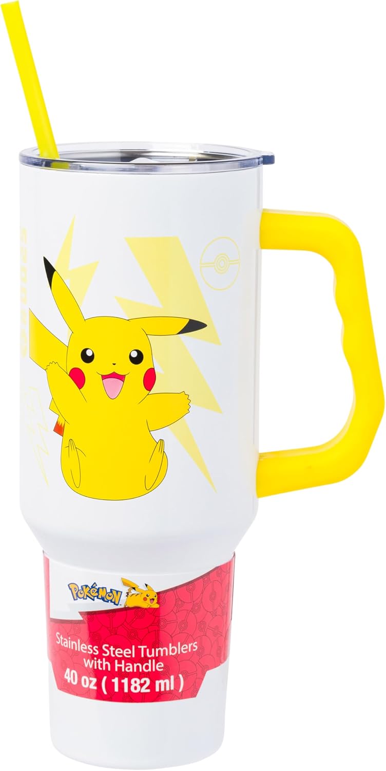 Pokemon Pikachu Stainless Steel Tumbler with Handle Fits in Standard Cup Holder 40 Ounces - Fundom