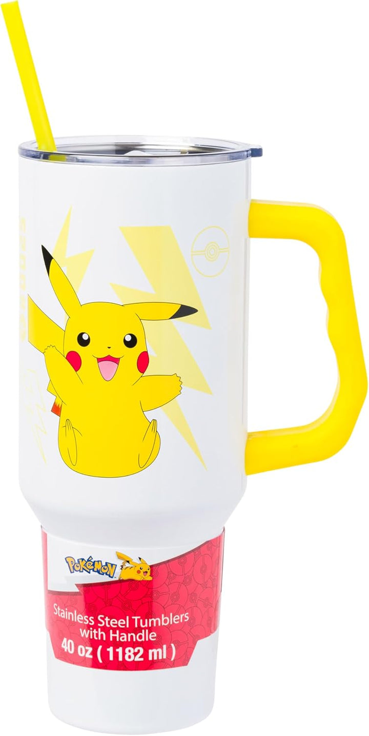 Pokemon Pikachu Stainless Steel Tumbler with Handle Fits in Standard Cup Holder 40 Ounces - Fundom
