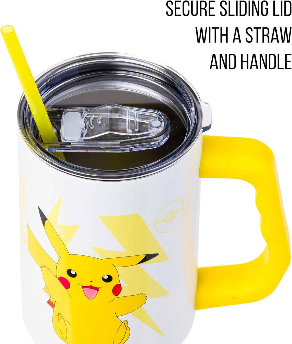 Pokemon Pikachu Stainless Steel Tumbler with Handle Fits in Standard Cup Holder 40 Ounces - Fundom