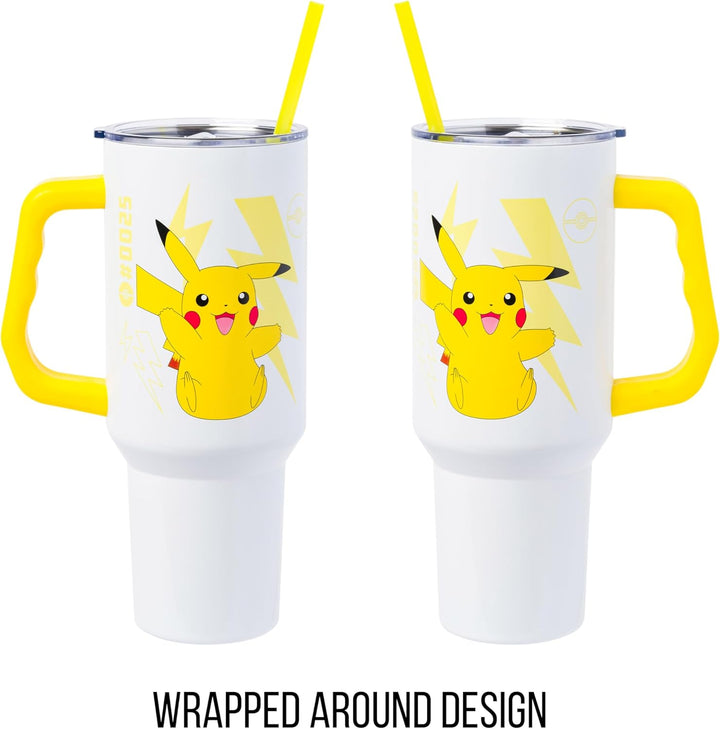 Pokemon Pikachu Stainless Steel Tumbler with Handle Fits in Standard Cup Holder 40 Ounces - Fundom