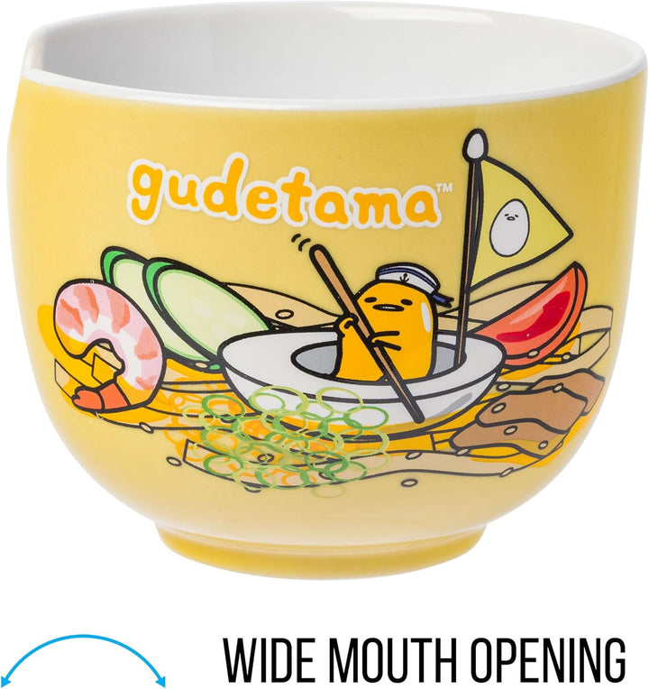 Sanrio Hello Kitty and Friends Gudetama Lazy Egg Sailing In Ramen Ceramic Bowl with Chopsticks 20oz - Fundom