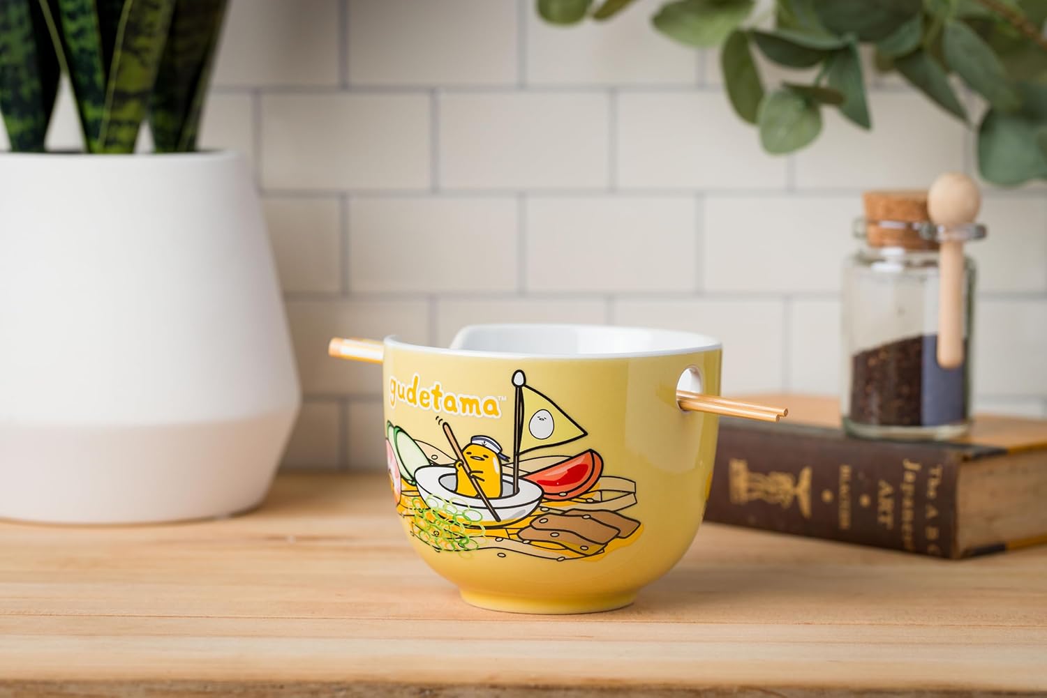 Sanrio Hello Kitty and Friends Gudetama Lazy Egg Sailing In Ramen Ceramic Bowl with Chopsticks 20oz - Fundom