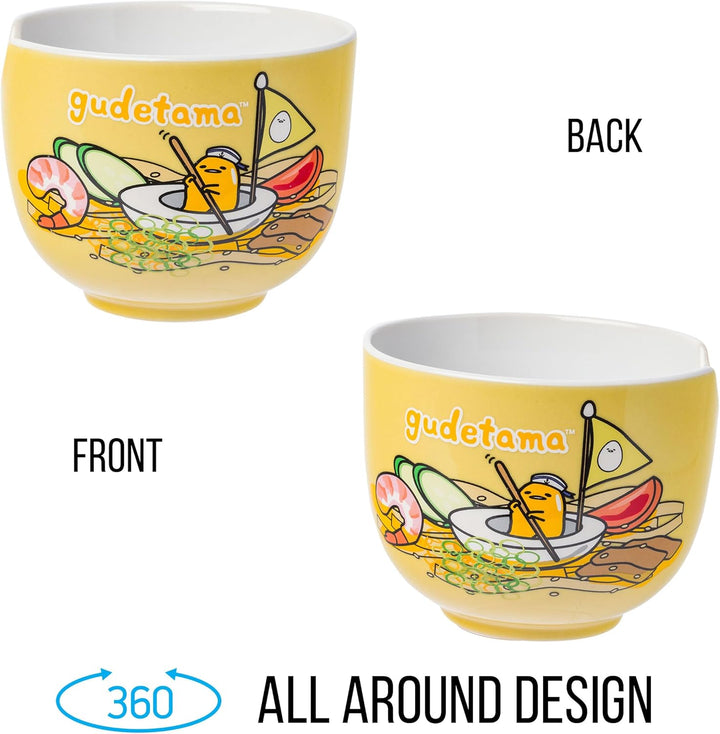 Sanrio Hello Kitty and Friends Gudetama Lazy Egg Sailing In Ramen Ceramic Bowl with Chopsticks 20oz - Fundom