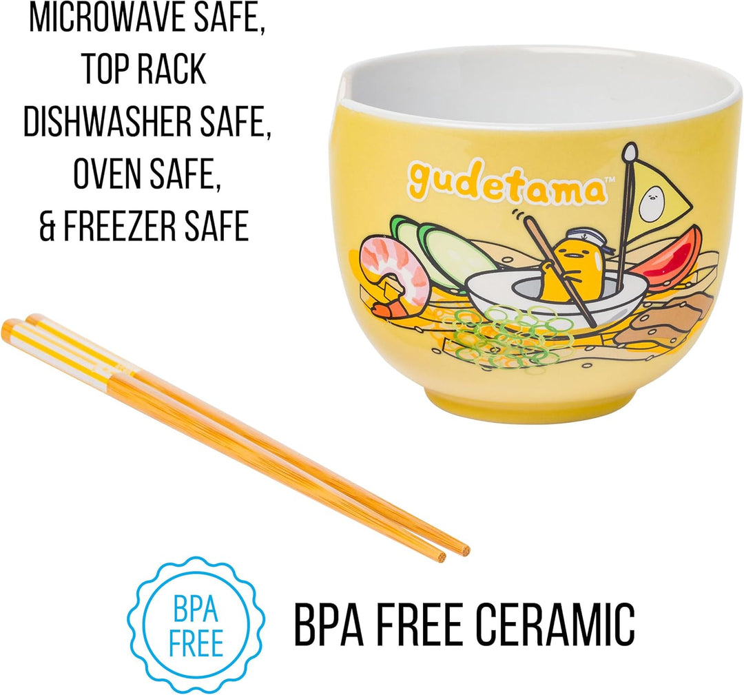 Sanrio Hello Kitty and Friends Gudetama Lazy Egg Sailing In Ramen Ceramic Bowl with Chopsticks 20oz - Fundom