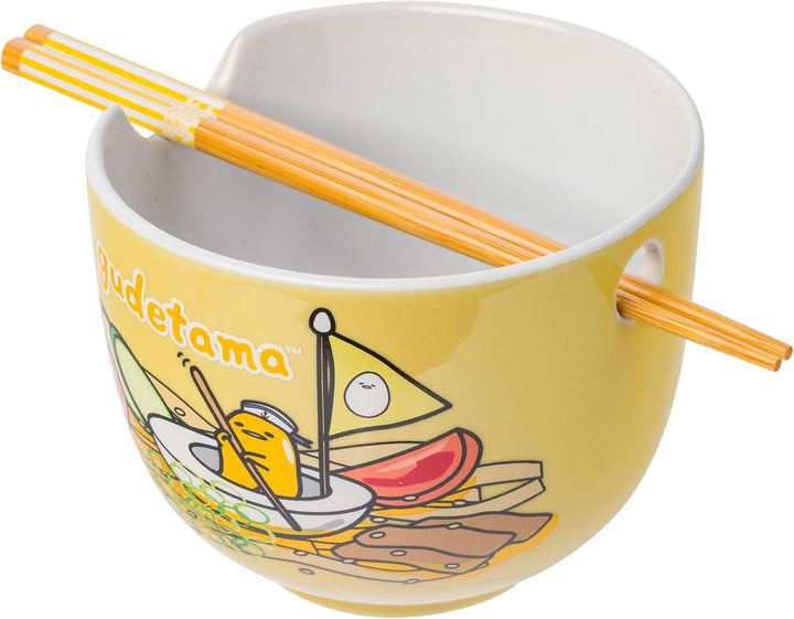 Sanrio Hello Kitty and Friends Gudetama Lazy Egg Sailing In Ramen Ceramic Bowl with Chopsticks 20oz - Fundom
