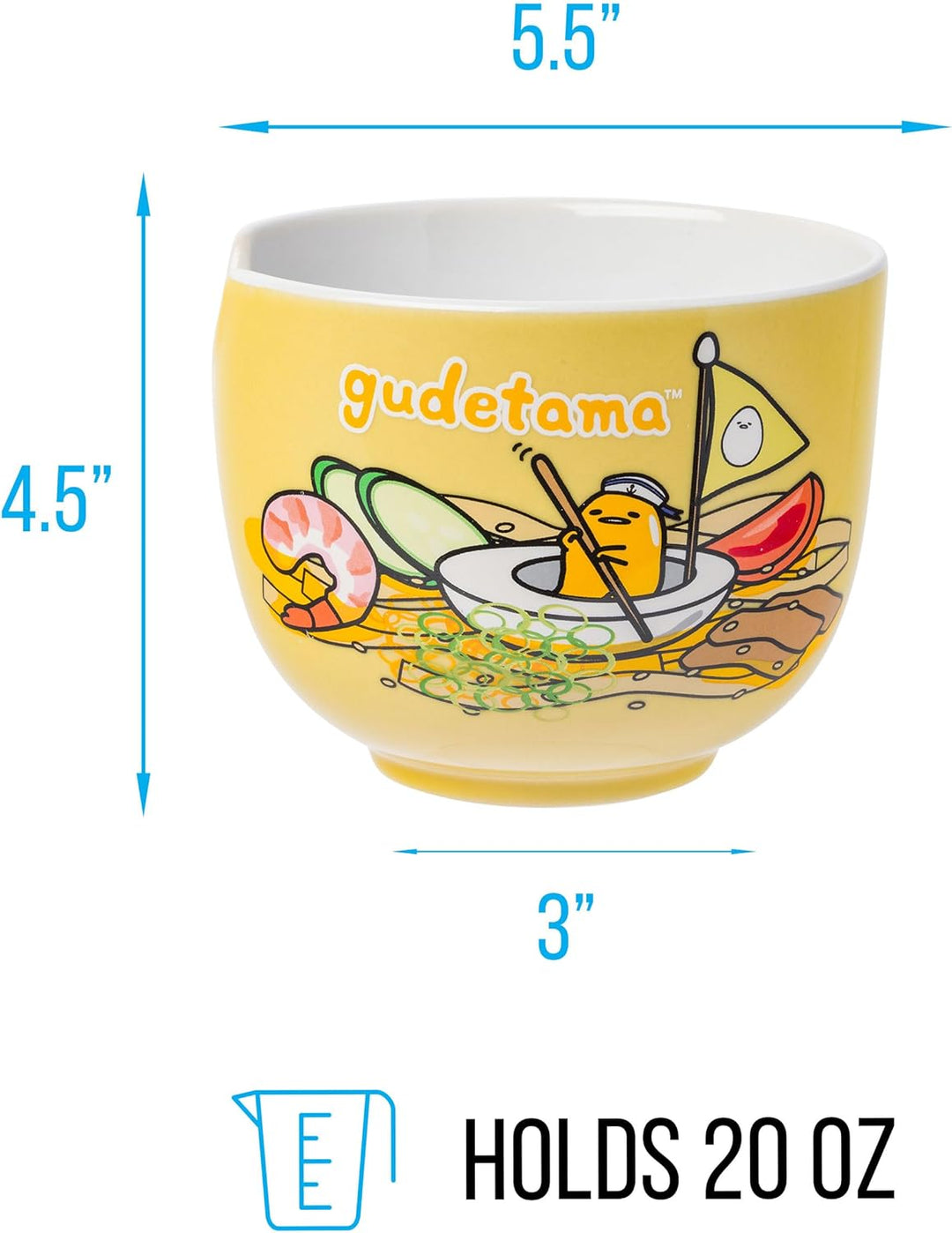 Sanrio Hello Kitty and Friends Gudetama Lazy Egg Sailing In Ramen Ceramic Bowl with Chopsticks 20oz - Fundom