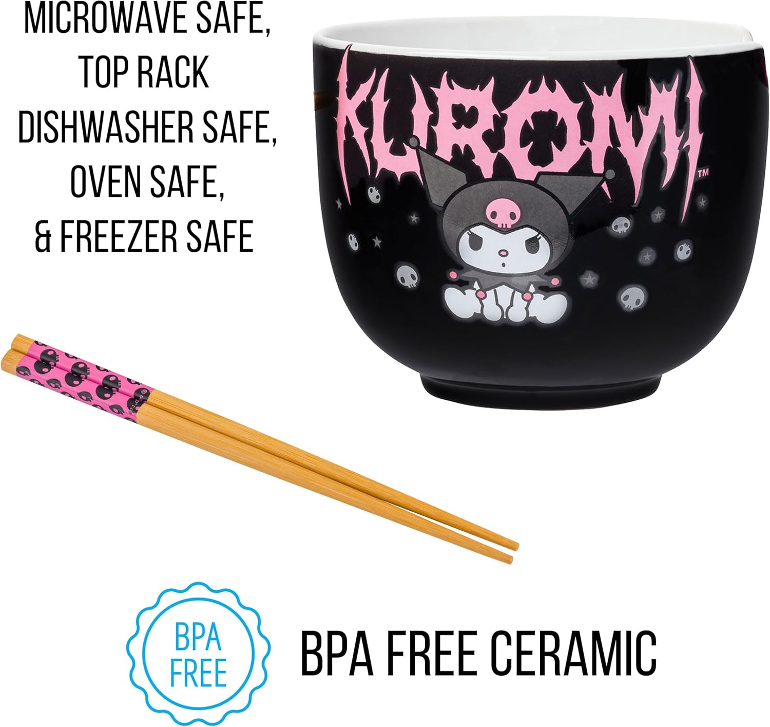 Sanrio Hello Kitty and Friends Kuromi Ceramic Ramen Noodle Rice Bowl with Chopsticks Microwave Safe 20 Ounces - Fundom