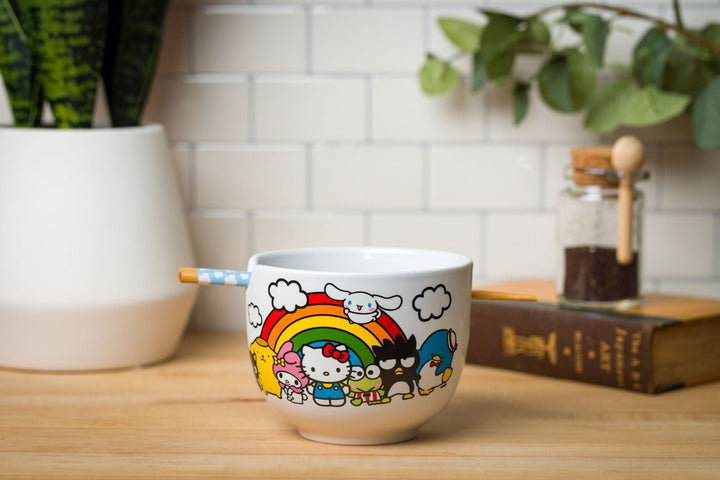 Sanrio Hello Kitty and Friends Rainbow Ceramic Ramen Rice Bowl with Chopsticks Microwave Safe 20 Ounces - Fundom