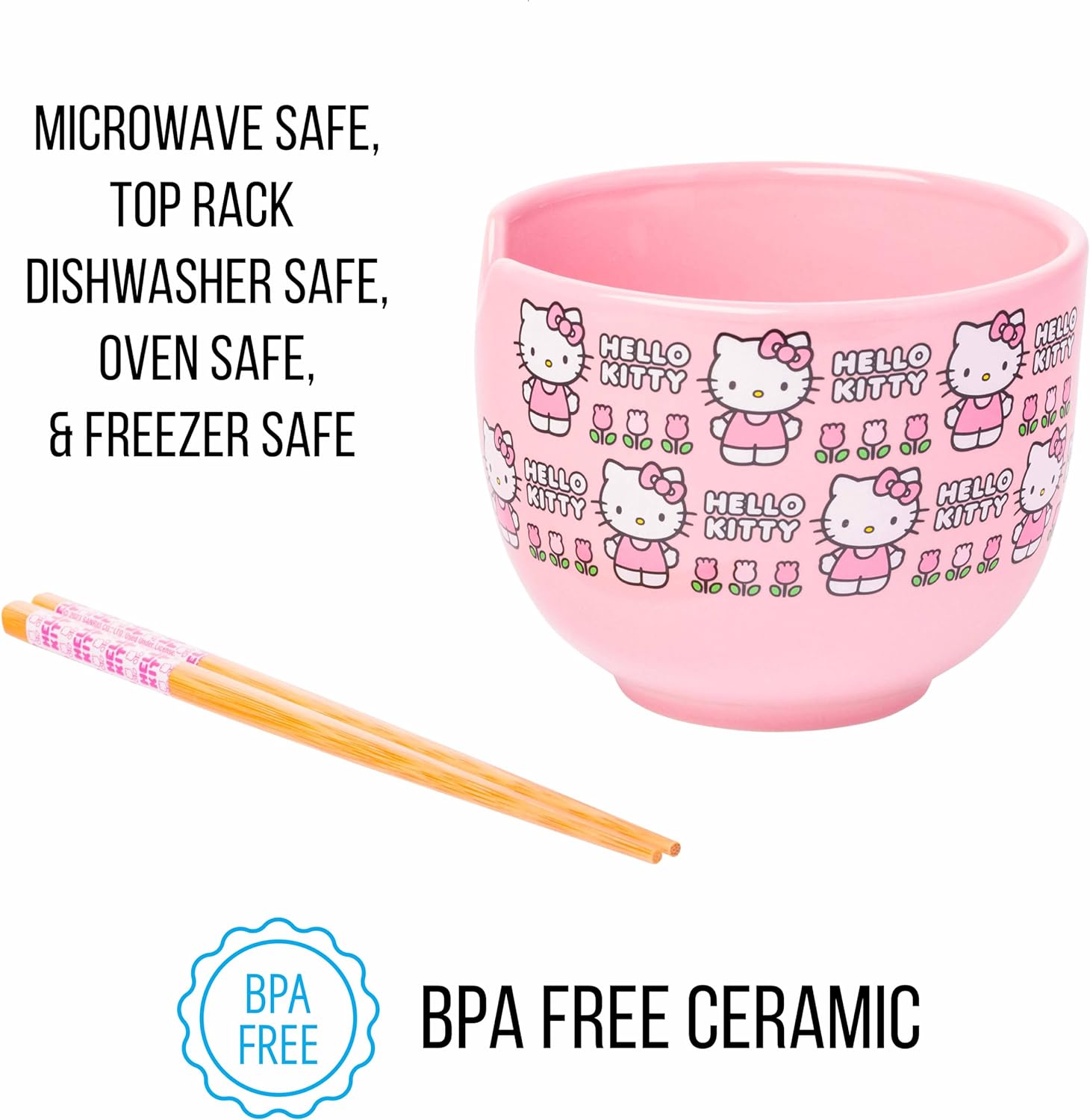 Sanrio Hello Kitty Face and Standing Logo Pattern Bowl with Chopsticks 20 Ounces - Fundom