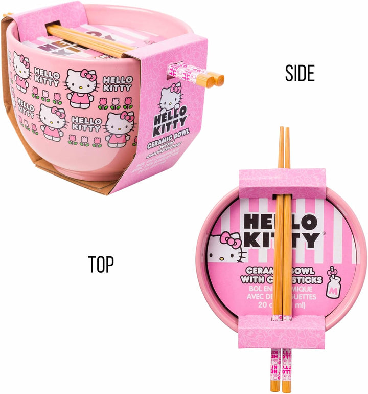 Sanrio Hello Kitty Face and Standing Logo Pattern Bowl with Chopsticks 20 Ounces - Fundom