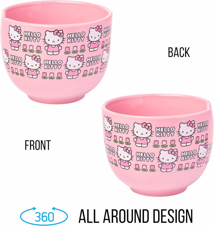 Sanrio Hello Kitty Face and Standing Logo Pattern Bowl with Chopsticks 20 Ounces - Fundom