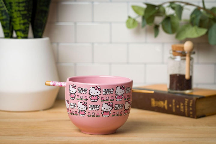 Sanrio Hello Kitty Face and Standing Logo Pattern Bowl with Chopsticks 20 Ounces - Fundom